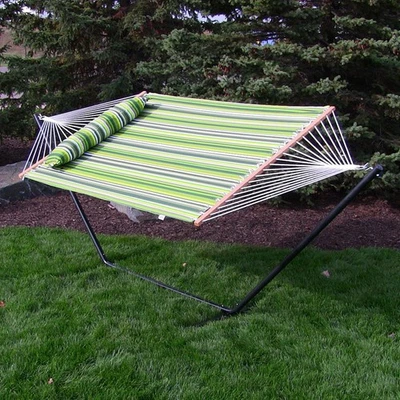 2-Person Quilted Fabric Hammock with Steel Stand - Melon Stripe by Sunnydaze - Image 1 of 4
