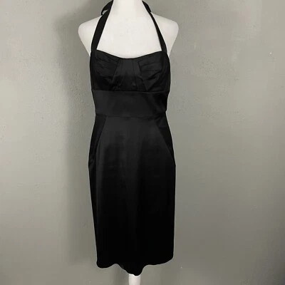 Donna Ricco 黑色缎面连衣裙 6 码褶胸围吊带紧身衬里经典 — 第 1/4 张图片