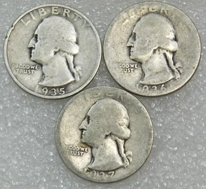 1935, 1936, 1937 Washington Silver Quarter lot of 3 coins #J97 - Picture 1 of 2