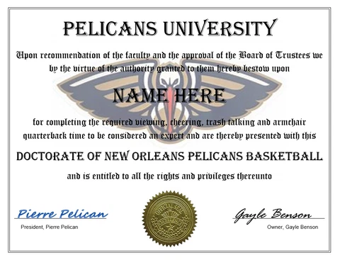 NEW ORLEANS PELICANS PERSONALIZED FAN DIPLOMA, GREAT GIFT Cover