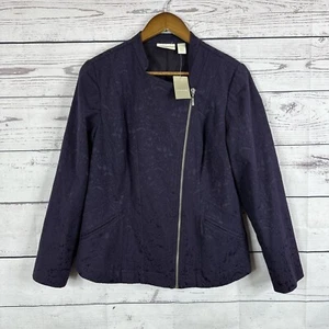 Chicos Jacket Womens Medium 1 Purple Jacquard Moto Zip Blazer Career NWT - Picture 1 of 15
