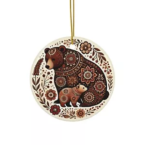 Bohemian Bear Family Ceramic Ornament, Rustic Floral Christmas Tree Decoration - Picture 1 of 4