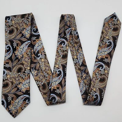 JZ Richards Boulder Tie Paisley Floral Black Brown Gold Silk 3.25" Wide 57.5" Lo - Image 1 of 4