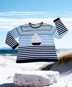 Villager Sport LIZ CLAIBORNE Nautical SAILBOAT Blue STRIPED Sweater Womens LARGE - Picture 1 of 9