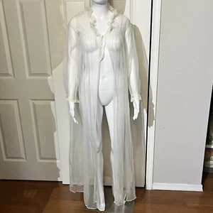 Vtg AVIAN Chiffon Peignoir Robe Womens S Long Lingerie Thick Lace 70s Bridal - Picture 1 of 18