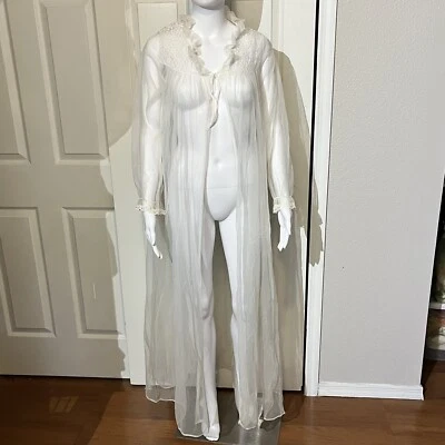 Vtg AVIAN Chiffon Peignoir Robe Womens S Long Lingerie Thick Lace 70s Bridal - image 1 of 4