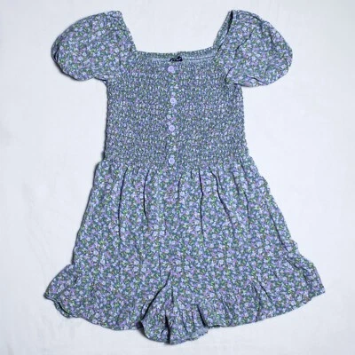 Girl's Art Class Green & Purple Ditsy Floral Smocked Romper Rayon Size 10/12 L - Image 1 of 4