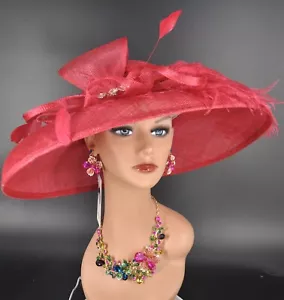 Church Kentucky Derby Hat Carriage Tea Party Wedding Wide Brim Red - Picture 1 of 4