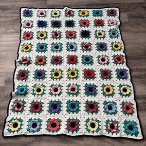 Vintage Afghan Wohndecke Granny Square erhaben 3D Blume lila rosa blau rot - Bild 1 von 20