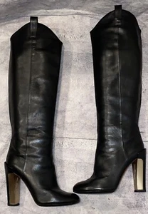 $895 Brian Atwood Paridis Black Leather Knee High Heeled Boots Chrome Size 8 - Picture 1 of 10