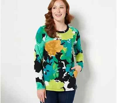 Top de felpa francesa estampado fin de semana Susan Graver con bolsillos XXS Jade dorado A470169 Foto 1 de 4