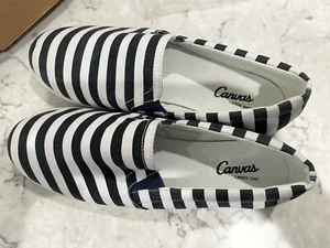 Lands End Navy Blue & White Canvas Casual Slip On Sneaker Flat Shoes Women Sz 10 - Picture 1 of 4