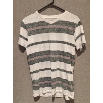 Blue Diamond Mens Basic Shirt White Gray Striped V Neck Short Sleeve Tee S - Image 1 of 4