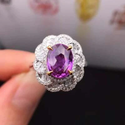 Clear Purple Oval Cut 2.08CT Amethyst With Vivid White CZ Cluster Flower Ring - Image 1 of 4
