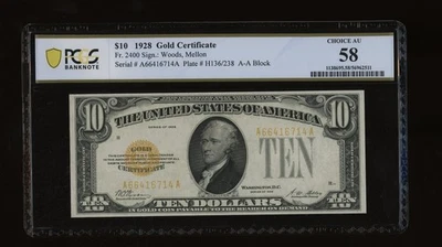 DBR 1928 $10 Gold Certificate Fr. 2400 PCGS-B 58 Serial A66416714A - Image 1 of 2