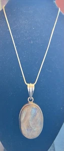 Vintage Sterling Silver Charm Lg White Swirl MoonStone Oval 925 Pendant Necklace - Picture 1 of 18