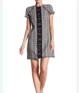 ELIZA J. TWEED DRESS Lace Accent Size 4 Black White Checked Women’s Fringe Hem - Picture 1 of 10