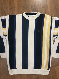 Vtg 90s Izod White Blue Yellow Green Striped Sweater Fresh Prince Size Med - Picture 1 of 6