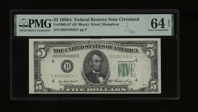 DBR 1950-A $5 FRN Cleveland STAR Fr. 1962-D* PMG 64 EPQ Serial D02476824* - Image 1 of 2