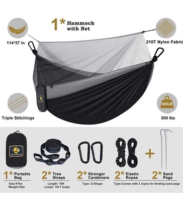 Qevooon Hammock w Net 210T Sturdy Parachute Nylon 500 Pound Limited Single NEW - Image 1 of 3
