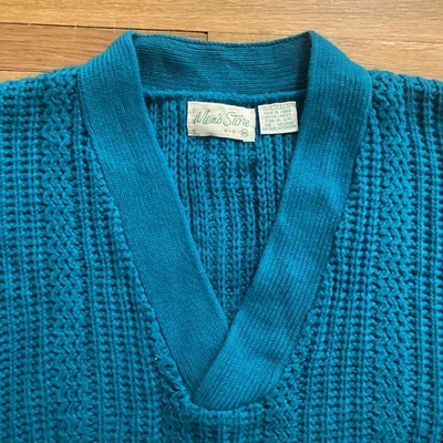 Vintage Men's Store Sweater Mens Medium Teal V Neck Textured Acrylic Knit 90s - Image 1 of 4