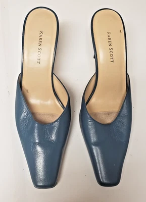 Tacones de mula líricos vintage Karen Scott para mujer verde azulado cuero genuino talla 9M Pre-O G Foto 1 de 4