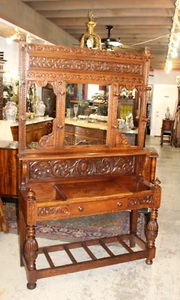 French Antique Oak Renaissance Hall Tree | Carved Coat Stand with Mirror - Picture 1 of 13