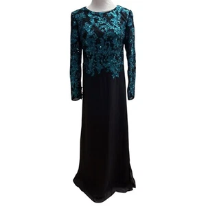 JJ House Black Teal A-Line Scoop Maxi Length Lace Floral Chiffon Evening Dress 6 - Picture 1 of 11