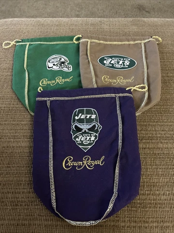 NFL New York Jets 3 Bag Set Of Logo’d CROWN ROYAL BAG  1 Liter Cover