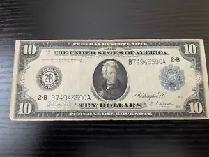 1914 banconota da 10 dollari della Federal Reserve banconota grande. 2B sigillo blu - Foto 1 di 2