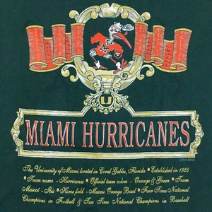 Vtg 90s Miami Hurricanes T-Shirt Spell Out Logo Made USA Single Stitch Tee Sz L - Picture 1 of 12