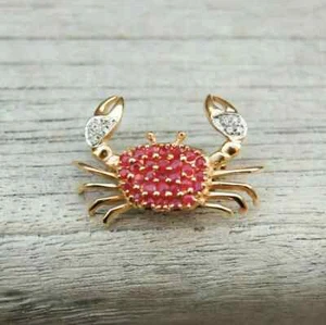 Simulated Red Ruby 1.50Ct Round Cut Crab Brooch Pin 14K Yellow Gold Plated - Picture 1 of 4