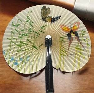 Vintage Chinese Hand Held Folding Fan Butterfly Floral Design Church - Picture 1 of 11