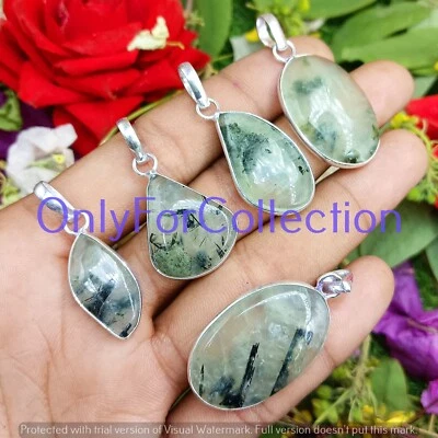 Lote de 10 colgantes especiales con bisel enchapado en plata de ley 925 de piedras preciosas de prehnita Foto 1 de 4