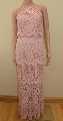 New Lipsy Premium Lace Halter Tiered Nude Pink Maxi Dress Sz UK 8 & 10 - image 1 of 4