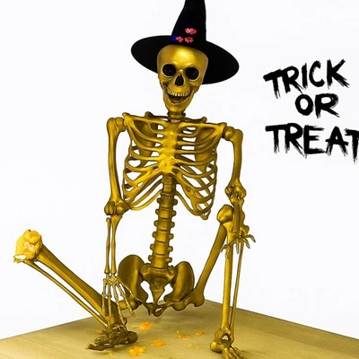 5,4 pés Halloween posável esqueleto metálico dourado decorações em tamanho real rea... - Imagem 1 de 4