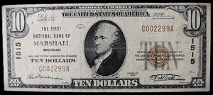 1929 $10 NATIONAL CURRENCY NOTE - MARSHALL, MICHIGAN - F - Picture 1 of 2