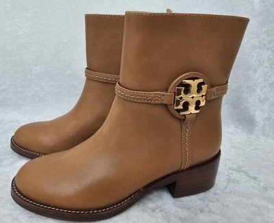 Tory Burch Miller Ankle Booties with Gold Logo Emblem in Dark Tiramisu Brown 5.5 - Image 1 of 4