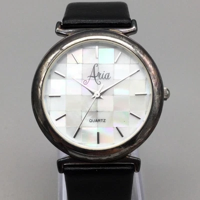 Reloj Aria Mujer 34mm Caja Plata Esterlina MOP Cuero Negro Batería Nueva Foto 1 de 4