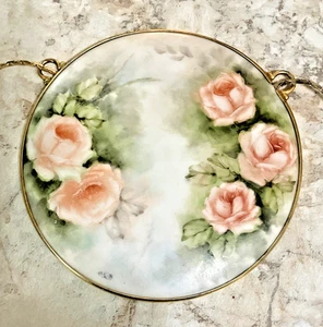 Collana rosa floreale vintage porcellana 3" ciondolo tondo catena 14" - Foto 1 di 7