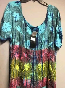 Short SLEEVE TOP BLOUSE PLUS SIZE WOMEN Multi Blue BOHO STYLE 1X 2X summer - Picture 1 of 2