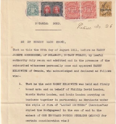 Bono notarial Rhodesia 1911 £1 selección de doble cabeza y brazos escarlata y negro. Foto 1 de 2