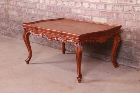 Karges French Provincial Louis XV Burled Walnut Coffee Table, Newly Refinished Cover