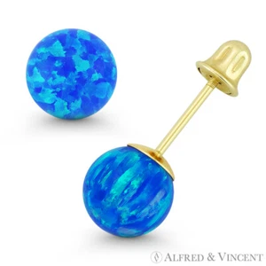 Feurige pazifikblaue synthetische Opal 14k Gelbgold Schraubkugel Ohrstecker - Bild 1 von 1