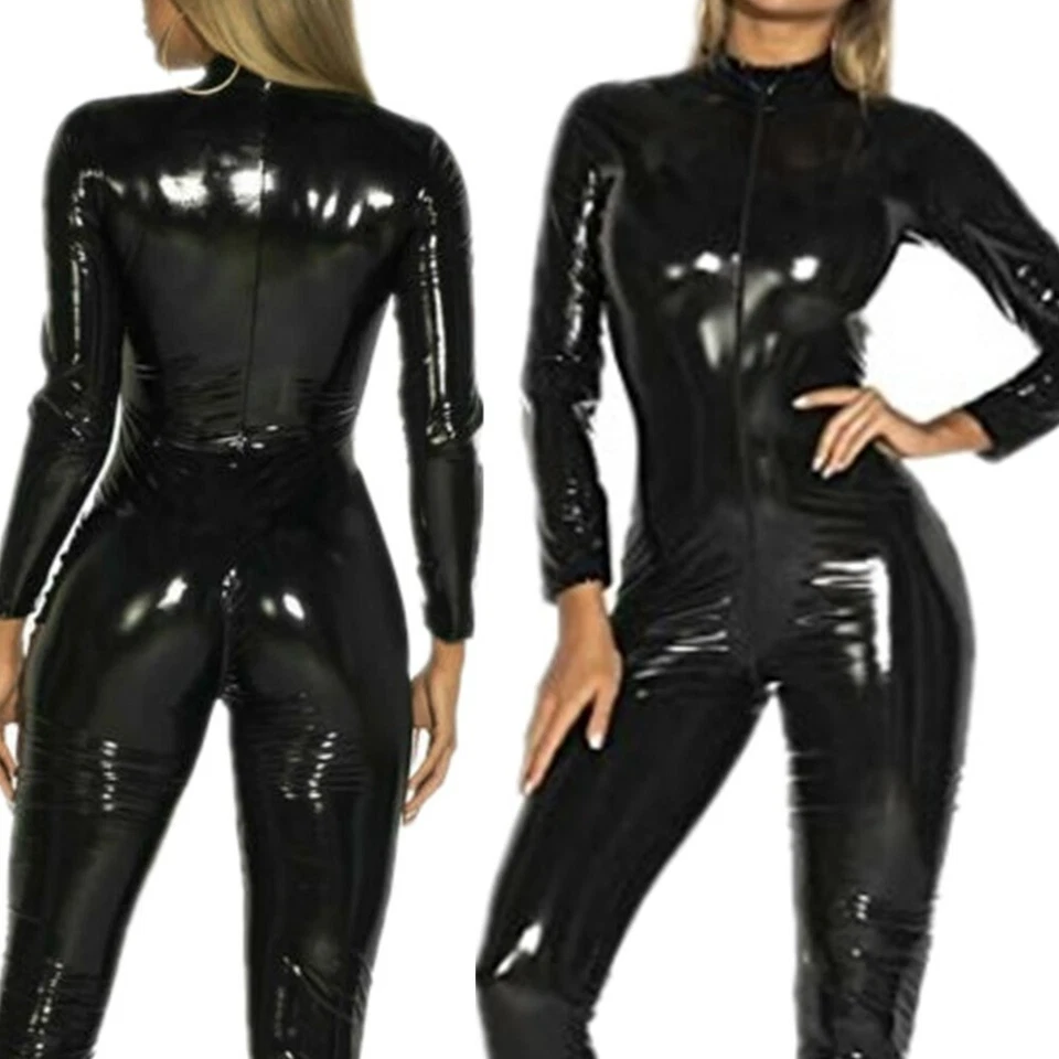 Sexy Damen Body Metallischer Langarm Jumpsuit LackLeder Catsuit mit Zip Clubwear - Bild 1 von 1