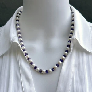 19.5" Necklace with White 7mm Freshwater Pearls & Faceted Amethysts w GF Clasp - Picture 1 of 11