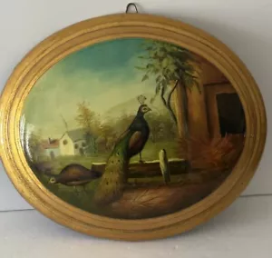 Cuadro De Colección Pavo Real Ovalado Convexo Colgante de Pared Pintado a Mano Dorado Dorado ¡¡Impresionante!!! - Imagen 1 de 20