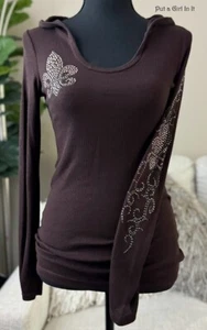 USA New VOCAL Womens PINK CRYSTAL BROWN FLEUR DE LIS HOODIE SHIRT S M L XL Y2K - Picture 1 of 5