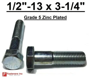 1/2-13 x 3-1/4" Hex Bolt Zinc Plated Grade 5 Cap Screw Coarse Partial Thread - Picture 1 of 10