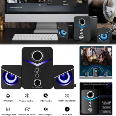 USB Powered 3.5mm Computer Speakers with Subwoofer Stereo Bass LED for PC Laptop - Image 1 of 4